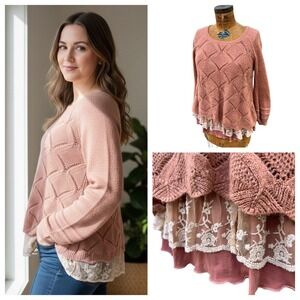 Tempo Paris Pink Crochet Lace Layered Tunic Sweater Knit Tunic Lagenlook Fairy M